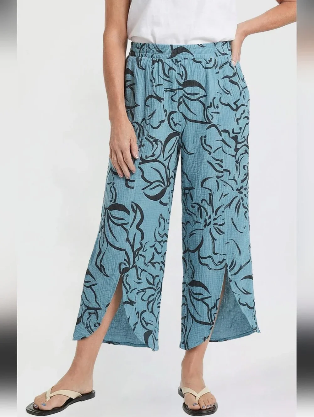 Royalty For Me Teal Blue Floral Split-Hem Wide-Leg 100% Cotton Pants Size Large